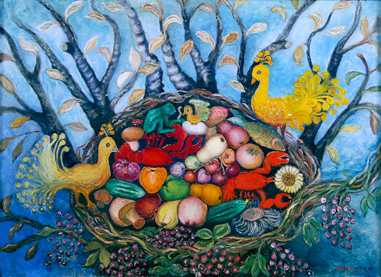 Елена Волкова (р. 1915). День рождения птенца. 1975. Картон, масло; 50&times;69 см