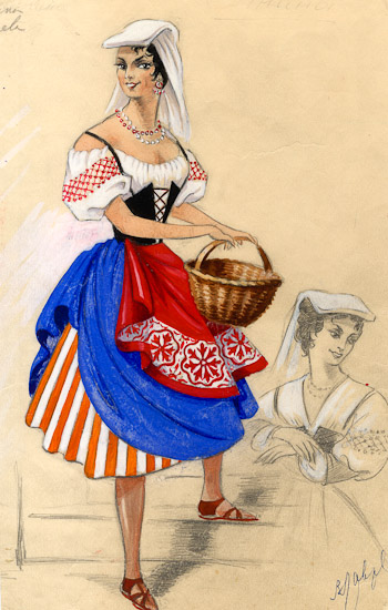 Мария Логвинова. Эскиз костюма Аннины, героини оперетты И. Штрауса &laquo;Ночь в Венеции&raquo; (режиссёр В. Лавров). 1965